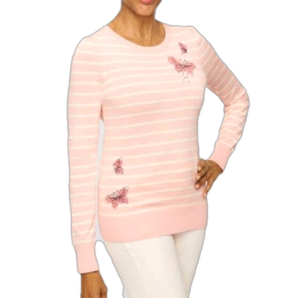 Talbots Embroidered Butterfly Stripe Crewneck Sweater Large Pink